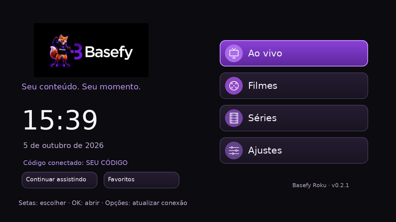 Prévia do menu Basefy na Roku: relógio à esquerda e cinco botões à direita